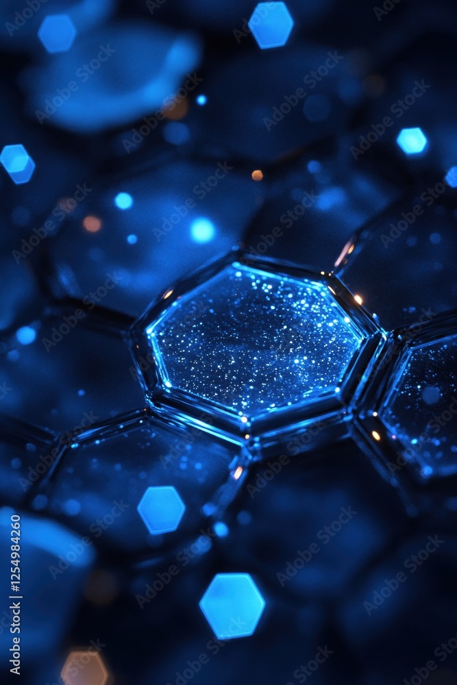 Abstract Hexagonal Design with Sparkling Texture in Deep Blue Tones and Soft Bokeh Abstract Hexagonal Design with Sparkling Texture in Deep Blue Tones and Soft Bokeh