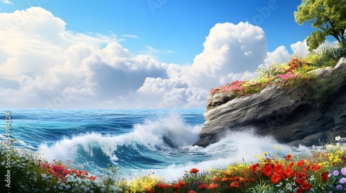 Ocean cliff waves coastal landscape digital art vibrant flora bright day serenity concept photo