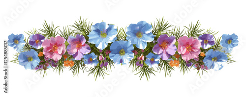 Top view vector illustration of blooming flower row, beautify nature, vibrant petals, floral design, spring bloom, garden decoration, creative art, fresh flowers, colorful blossoms