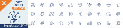 Soft skills line icon set. Set of 30 outline icons related to interpersonal skill, emotional intelligence, teamwork, mindset, problem solving, vision and others. Editable stroke. Vector illustration.