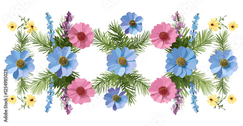 Vector illustration of top view flower blooming row, beautify floral arrangement, fresh petals, nature beauty, garden art, vibrant flowers, creative design, spring decoration