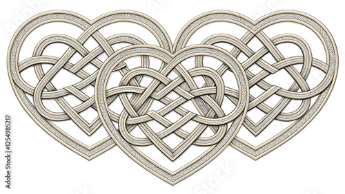 Three heart shapes are constructed using a Celtic knotwork design. The interwoven lines give it an intricate, timeless look, suitable for designs involving Celtic themes, love, or Valentine's Day.