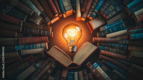 Glowing Light Bulb Surrounded by Books for Creative Inspiration Concepts ai genrative photo