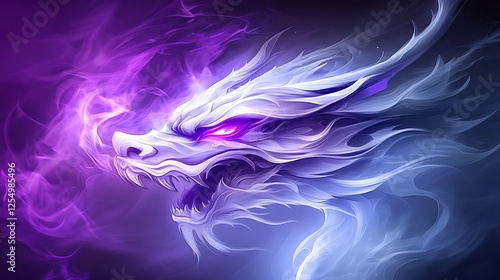 Fierce Ice Dragon Head in Fantasy Art with Vivid Violet Light Against a Dark Smokey Background photo