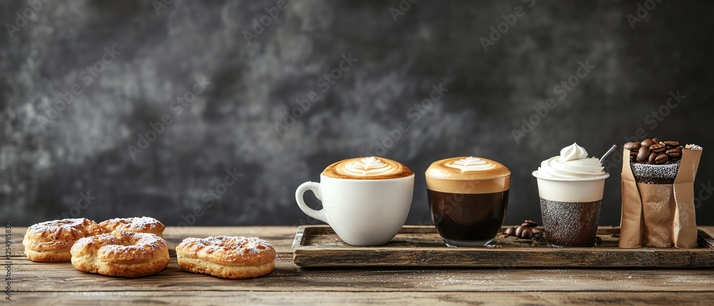 Delicious drinks with sweet pastries on display. Delicious drinks with sweet pastries on display.