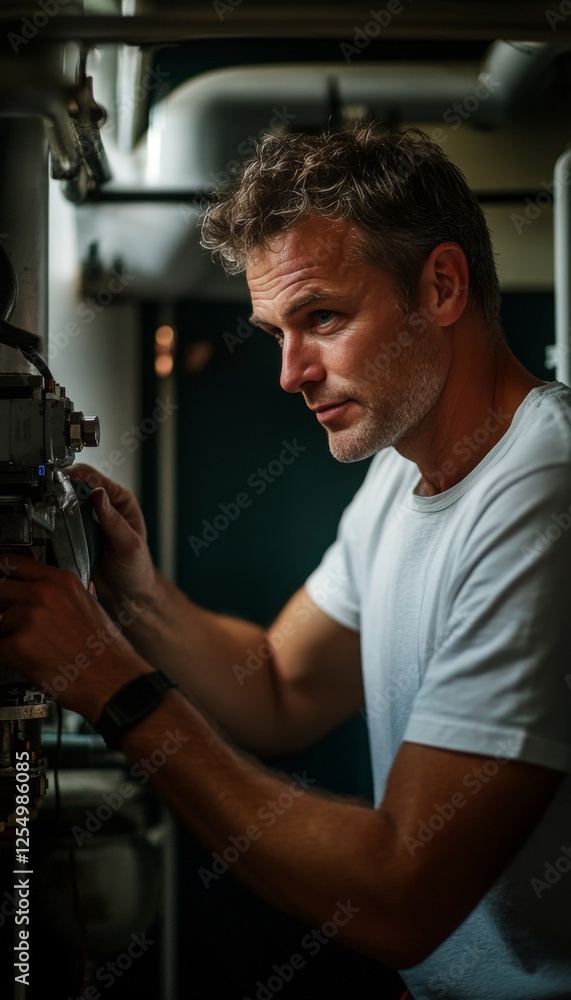 Expert technician analyzing and repairing central heating system with tools and precision Expert technician analyzing and repairing central heating system with tools and precision