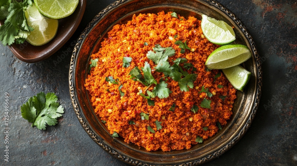 A vibrant dish of spiced red seasoning garnished with lime and cilantro. A vibrant dish of spiced red seasoning garnished with lime and cilantro.