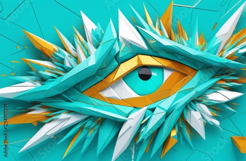 Abstract eye symbol made of geometric shapes on turquoise background