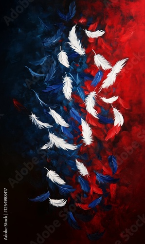 Abstract art of a countr flag turning into falling feathers during a speech photo