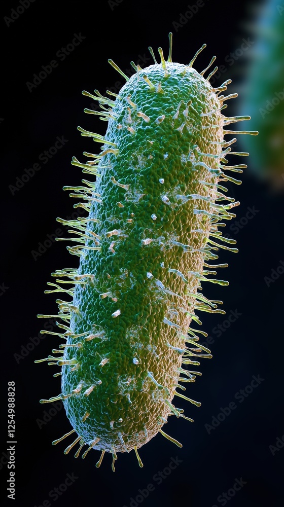 Fototapeta premium Microscopic view of green bacterium with hair-like structures on surface