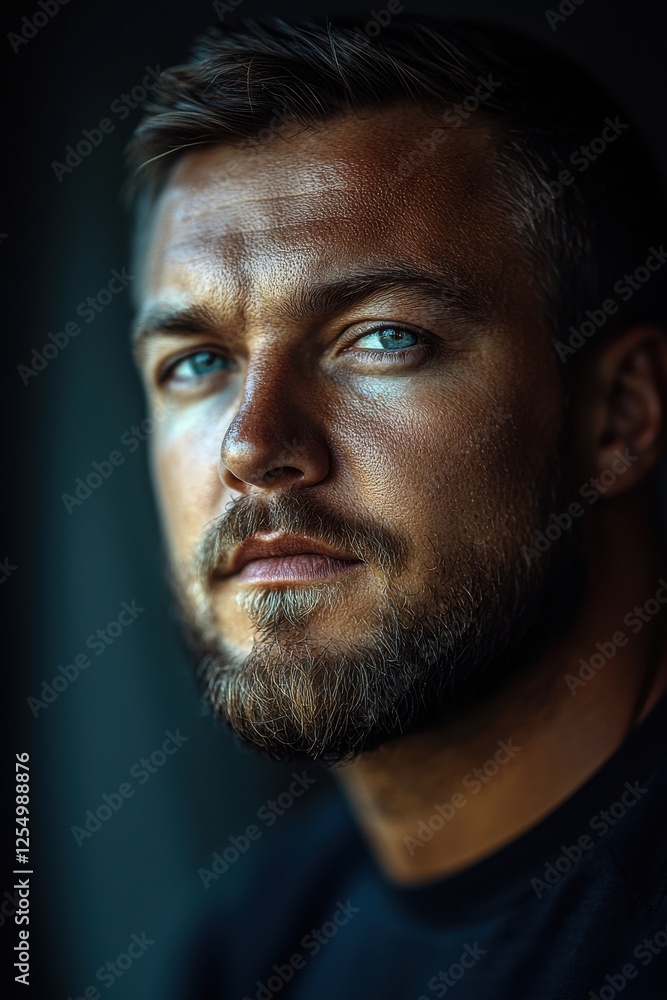 Focused gaze of a man with striking blue eyes and a rugged beard in soft natural light Focused gaze of a man with striking blue eyes and a rugged beard in soft natural light