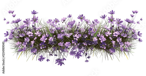 Floral design, vector illustration, purple flowers, grassy row, meadow scene, nature beauty, fresh spring garden, wildflower bloom, colorful field, botanical background