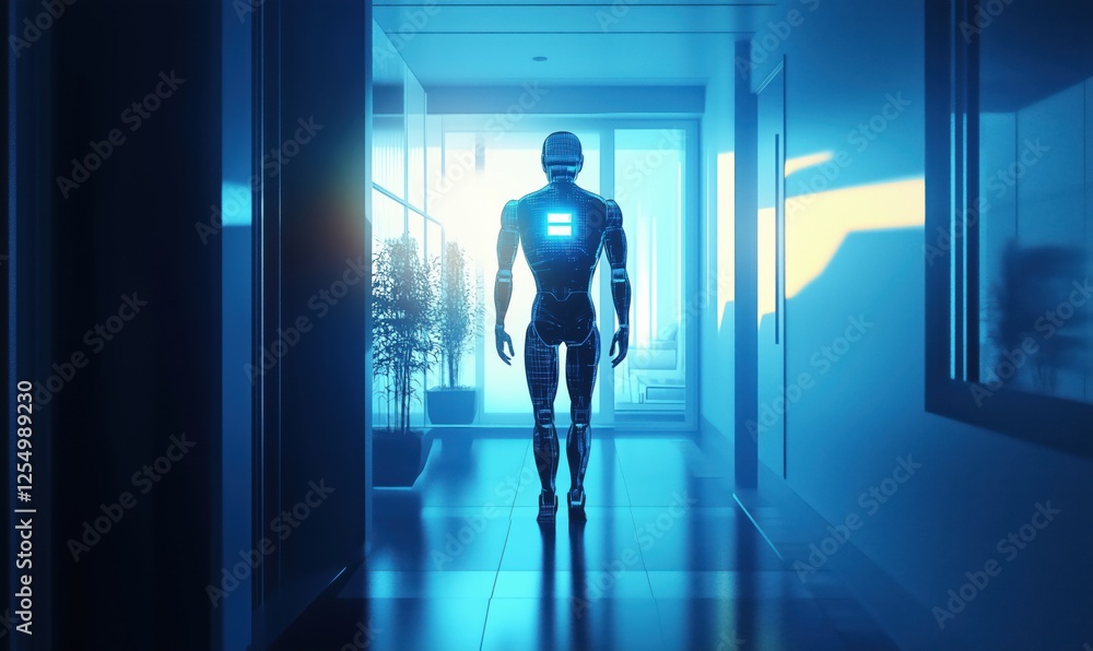 Futuristic humanoid robot standing in modern hallway with blue lighting and plants Futuristic humanoid robot standing in modern hallway with blue lighting and plants