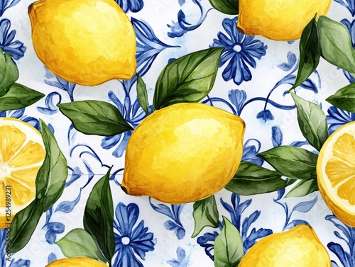 Watercolor Lemons and Blue Floral Pattern A Fresh and Vibrant Mediterranean Design
