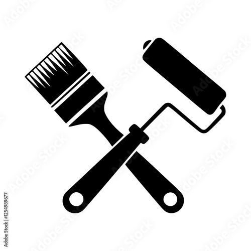  Paint Brush and Roller Icon, Home Renovation Symbol, Painting Tools Silhouette, DIY Project Graphic, House Improvement Logo, Construction and Maintenance Design, Interior Design Illustration