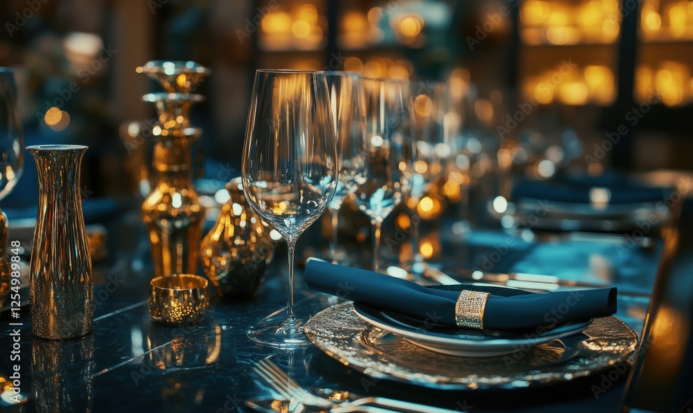 Elegant dining table setting with golden accents, crystal glassware, and luxurious tableware Elegant dining table setting with golden accents, crystal glassware, and luxurious tableware