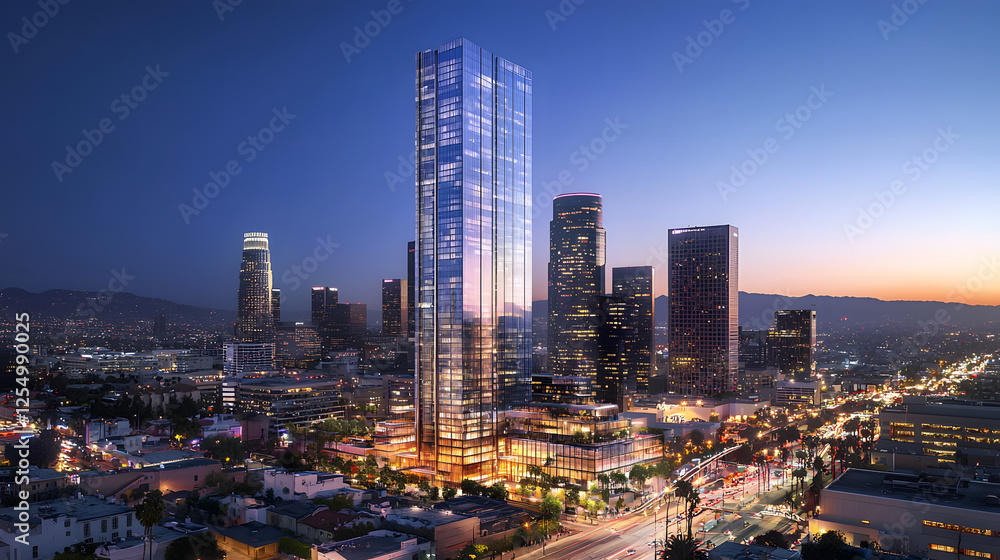Obraz premium Modern Office Skyscraper with Sleek Design at Sunset in Urban Setting