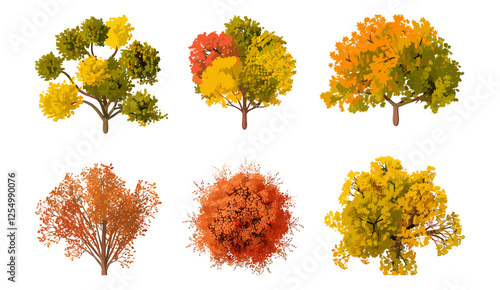 Autumn trees set vector illustration vibrant colours, fall season, nature background, forest, colorful leaves, autumn landscape, seasonal change, outdoor scenery