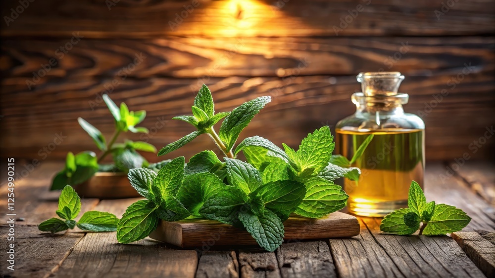 Aromatic Fresh Mint Leaves and Essential Oil on Rustic Wooden Surface Aromatic Fresh Mint Leaves and Essential Oil on Rustic Wooden Surface