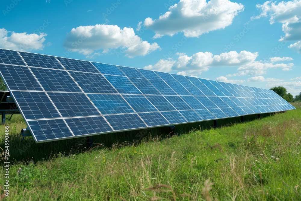 Solar panels in sunny field with fluffy clouds. Neural network AI generated Solar panels in sunny field with fluffy clouds. Neural network AI generated