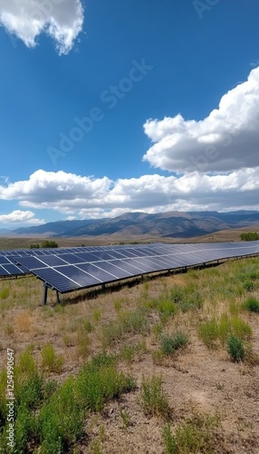 Vast solar farm with photovoltaic panels in a semi arid landscape under a bright blue sky photo