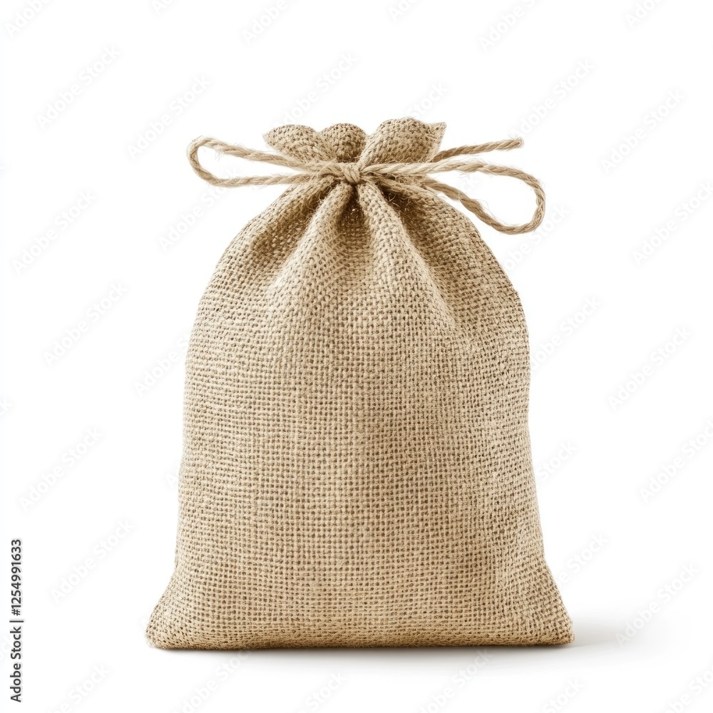 Small burlap sack tied with twine, isolated, white background, packaging Small burlap sack tied with twine, isolated, white background, packaging