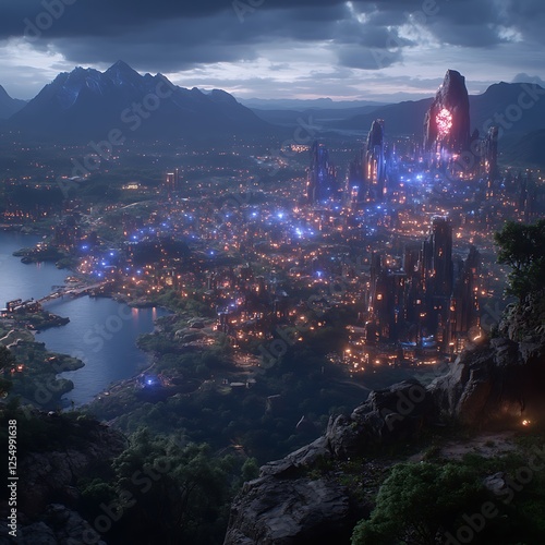 Futuristic Cityscape at Dusk with Towering Structures and Mountainous Backdrop in Wakanda Inspired Setting