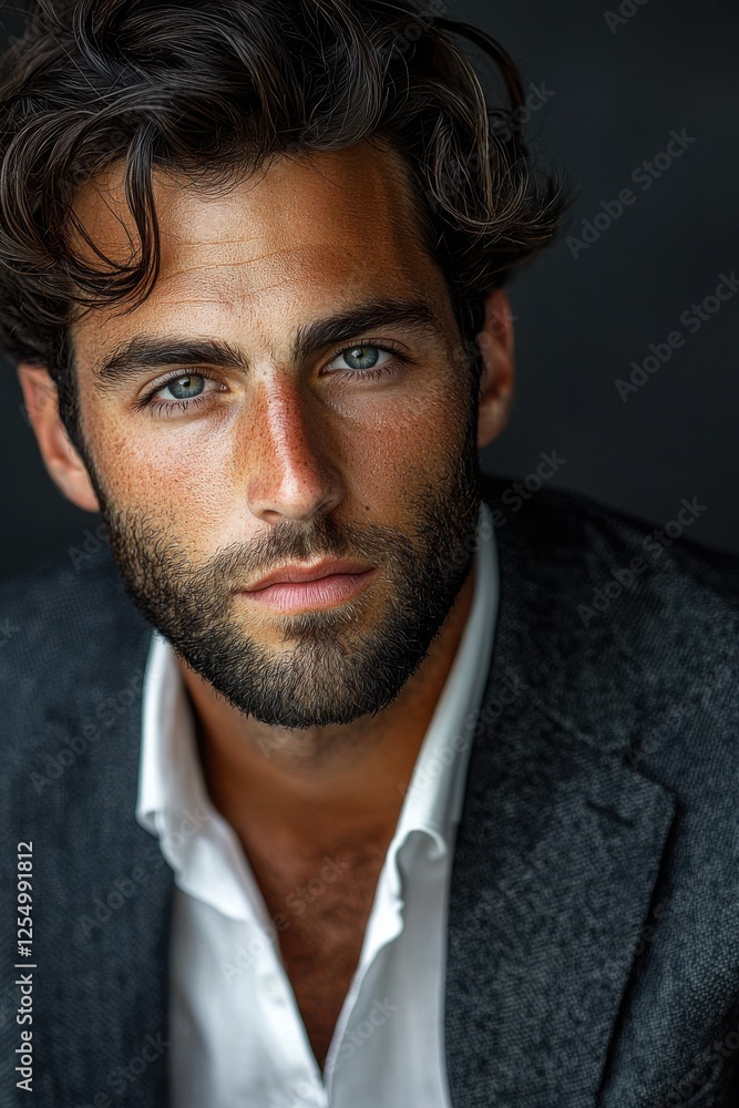 Handsome young man with dark hair and a beard poses in a stylish outfit against a dark background Handsome young man with dark hair and a beard poses in a stylish outfit against a dark background