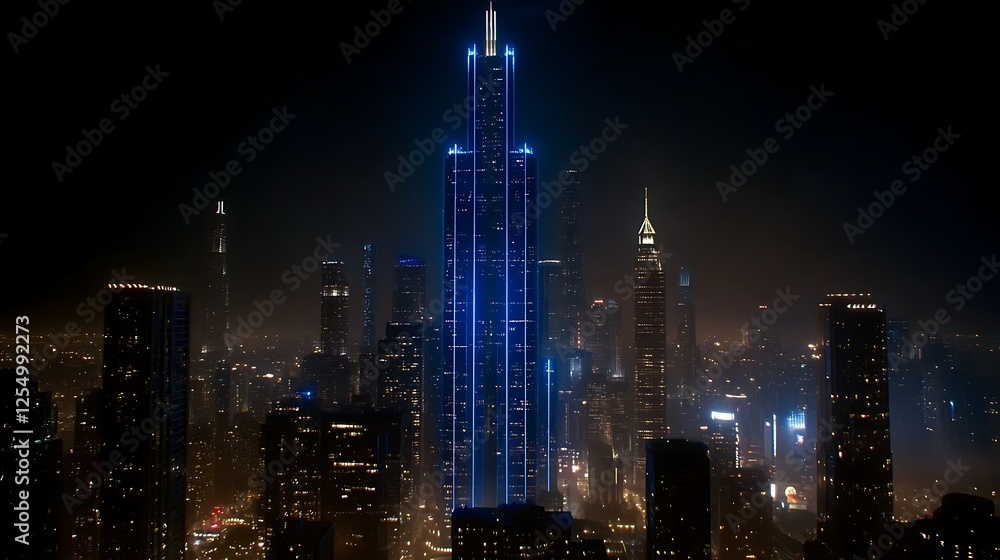 Obraz premium Futuristic Cityscape Night View with Illuminated Tower and Skyscrapers in Metropolitan Area
