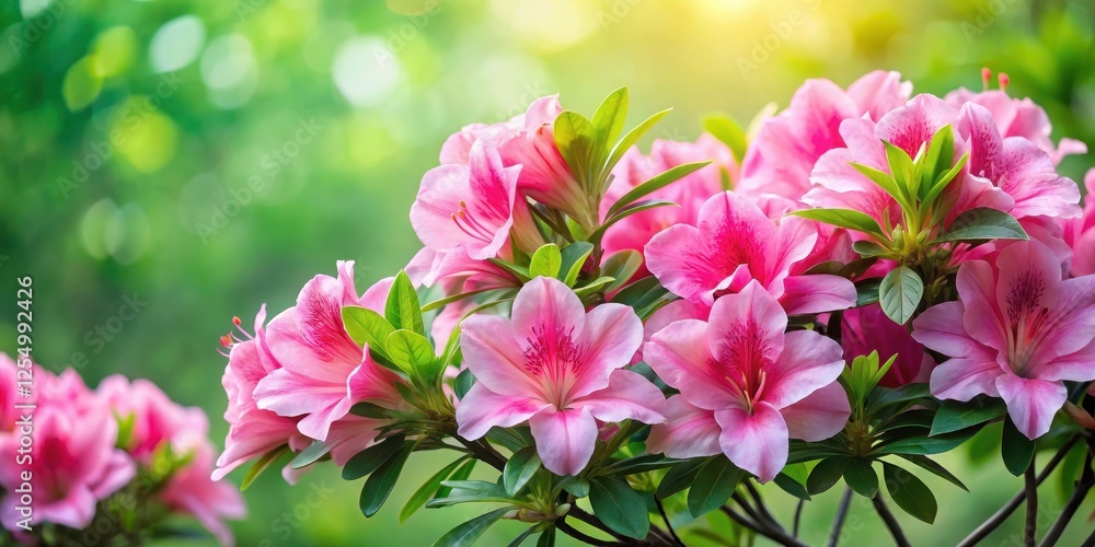 A vibrant cluster of delicate pink azalea blossoms, bathed in sunlight, showcases the beauty of springtime flora with lush green foliage A vibrant cluster of delicate pink azalea blossoms, bathed in sunlight, showcases the beauty of springtime flora with lush green foliage