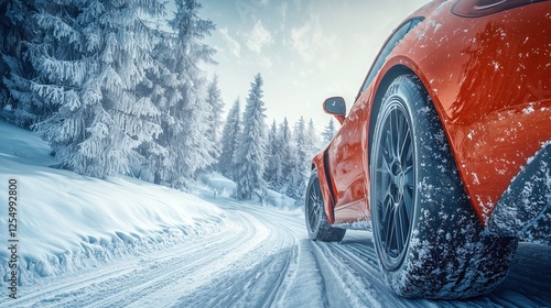 Orange sports car driving on snowy road in winter landscape