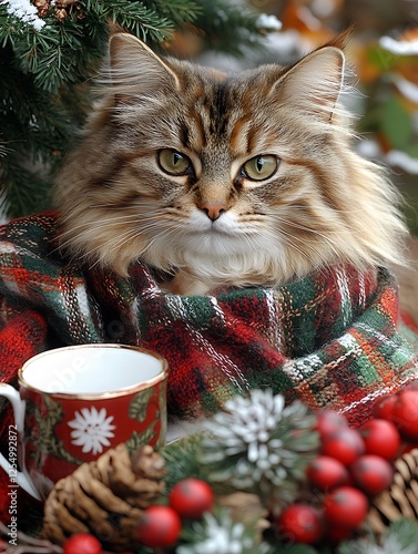 A cat in a minimal housekeeping apron polishes a tiny teacup, underscoring domestic tidiness. The radiant white background omits visual clutter, directing focus to the cat’s meticulous movement.  photo