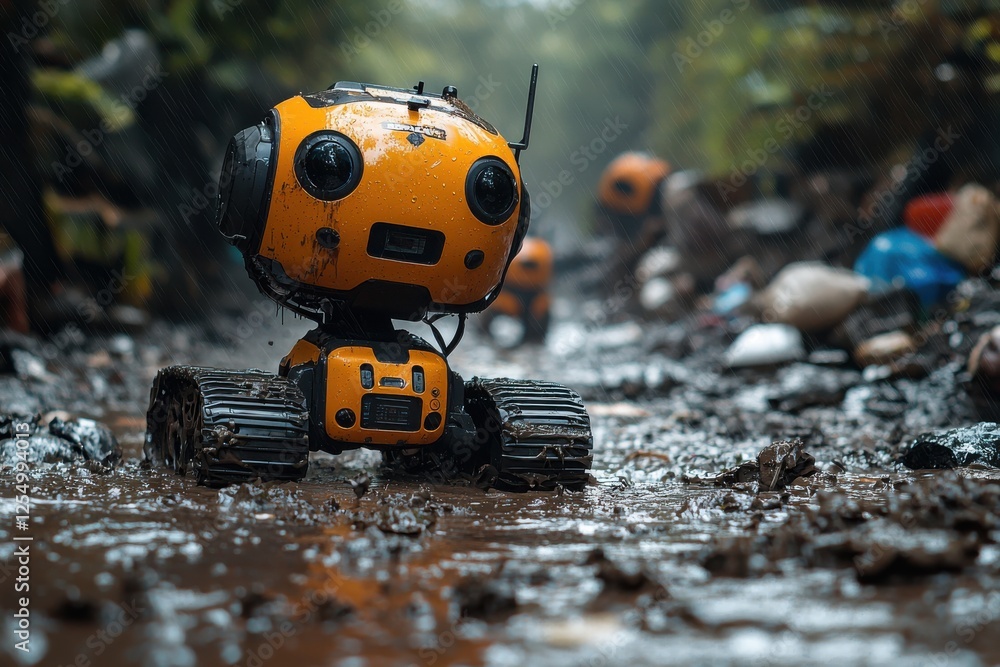 Robots navigate through a muddy path in a waste-filled environment during rainy weather Robots navigate through a muddy path in a waste-filled environment during rainy weather
