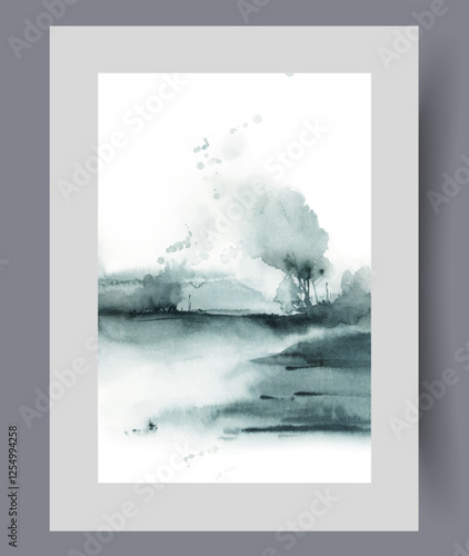 Autumn cloudy scenery with wasteland or river in foreground and tree growing in distance. Gloomy watercolour scenery with lake for art gallery with exhibition on theme of wildlife and ecosystem