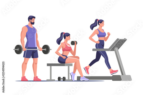 Sport and healthy lifestyle. Fitness enthusiasts engaging in strength training and cardio exercises at a gym during daytime. Vector illustration in a minimalistic style.
