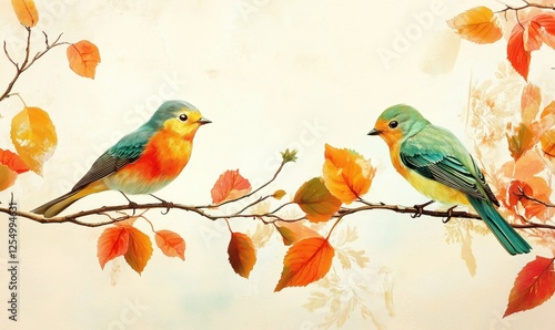 Colorful birds perched on branches with autumn leaves in soft pastel background photo