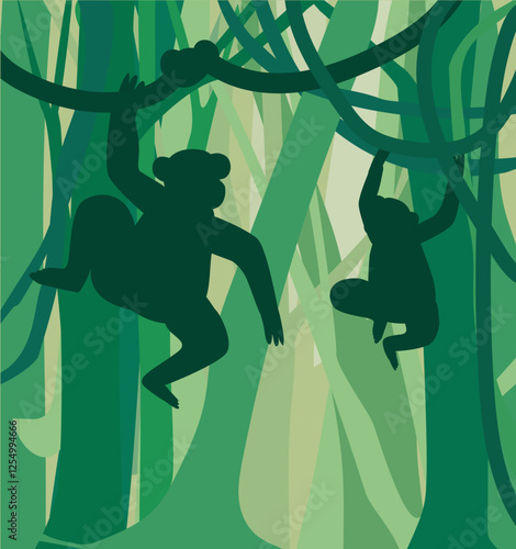 monkey animal hanging on liana in natural habitat silhouette in jungle flat vector illustration wildlife