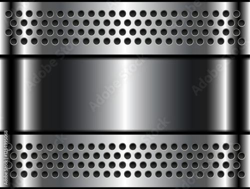 Metal background shiny silver chrome metallic with halftone dots pattern, silver polished steel texture wallpaper.