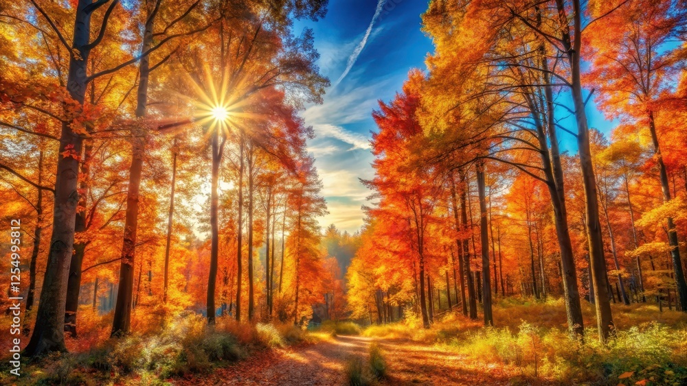Fototapeta premium Autumnal Pathway Through a Sunlit Forest of Golden and Red Leaves