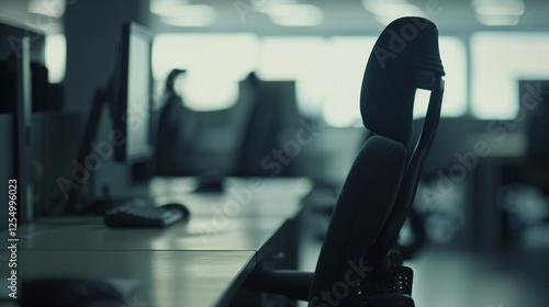 Empty Office Desk with Blurred Vacant Chairs and Monitors Symbolizing Layoffs and Workplace Downsizing. Corporate Restructuring, and Economic Recession Concepts.