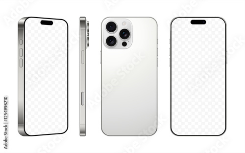 new frameless smartphone silver color with black screen, front back and side view, isolated on white background. mockup of realistic mobile phone with shadow. 3d vector illustration, 10 eps.