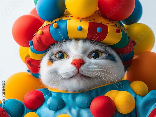 A charismatic cat dressed in a clean comedic act apron balances a tiny prop on its head, displaying a playful routine. The white background isolates the comedic moment, while even lighting reveals 