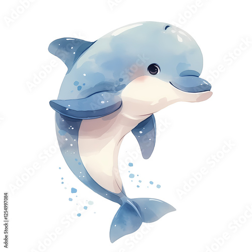 Adorable cartoon dolphin leaping through the water, painted in soft blues and whites.