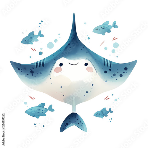 Adorable cartoon manta ray swimming in the ocean with smaller fish.  A whimsical underwater scene in calming blues.