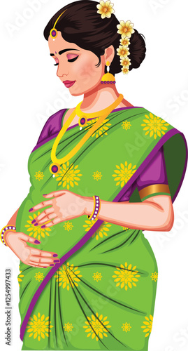 Indian Pregnant Woman in Saree Vector Illustration