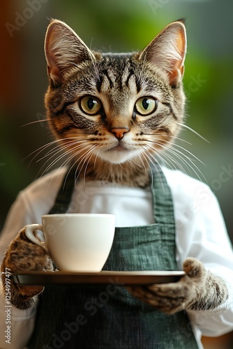 A congenial cat dressed in a petite coffee shop apron serves a tiny cup on a miniature tray to a plush figure. The white background underscores the cat’s welcoming role, while soft, even lighting 
