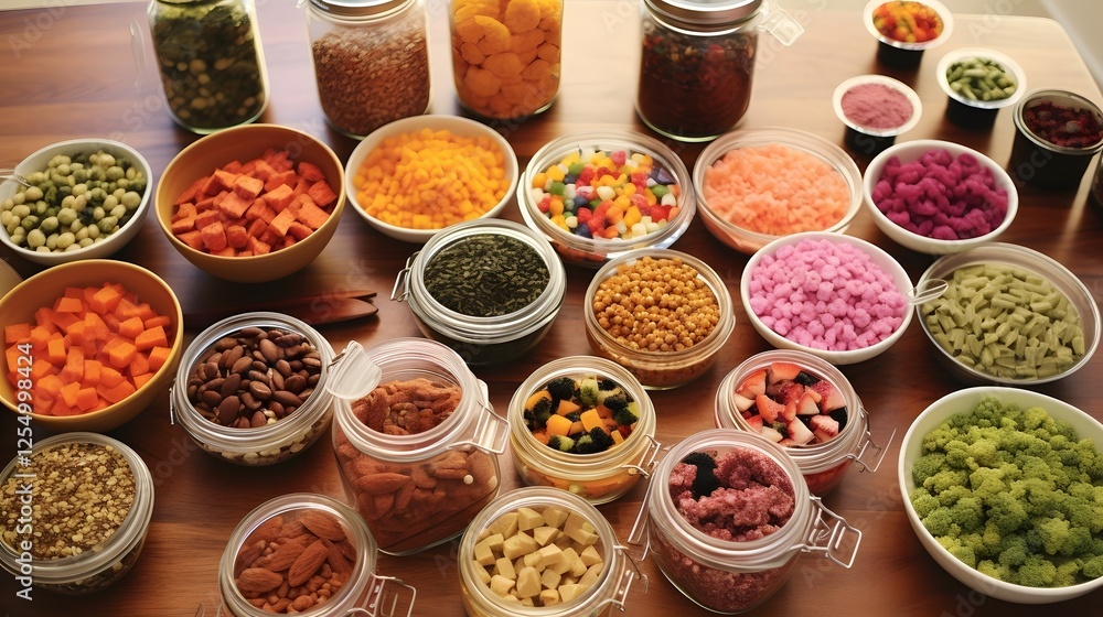 A top down view of a well organized meal station for homemade healthy pet food The station features various bowls utensils and ingredients laid out on a clean countertop A top down view of a well organized meal station for homemade healthy pet food The station features various bowls utensils and ingredients laid out on a clean countertop