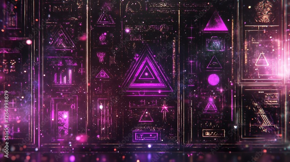 Geometric Wall with Glowing Purple Triangles and Intricate Patterns in Dark Abstract Design Geometric Wall with Glowing Purple Triangles and Intricate Patterns in Dark Abstract Design