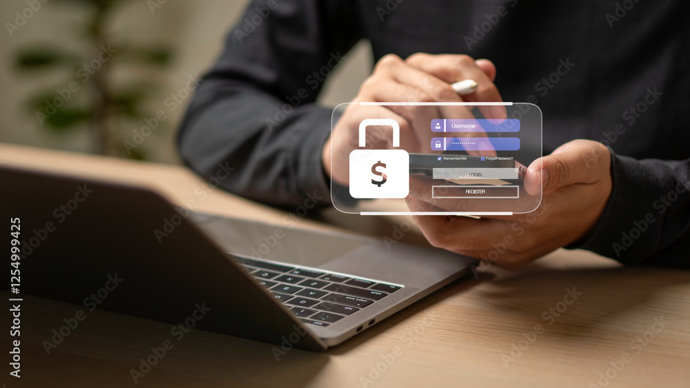 Phone password lock for mobile cyber security or login verification passcode in online bank app. phone with a password to access a smartphone, security threats online, and fraud.
