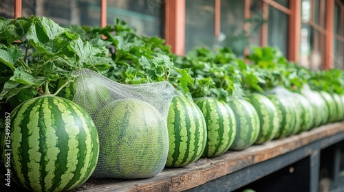 Fresh Watermelons on Wooden Shelving, Greenhouse Background photo